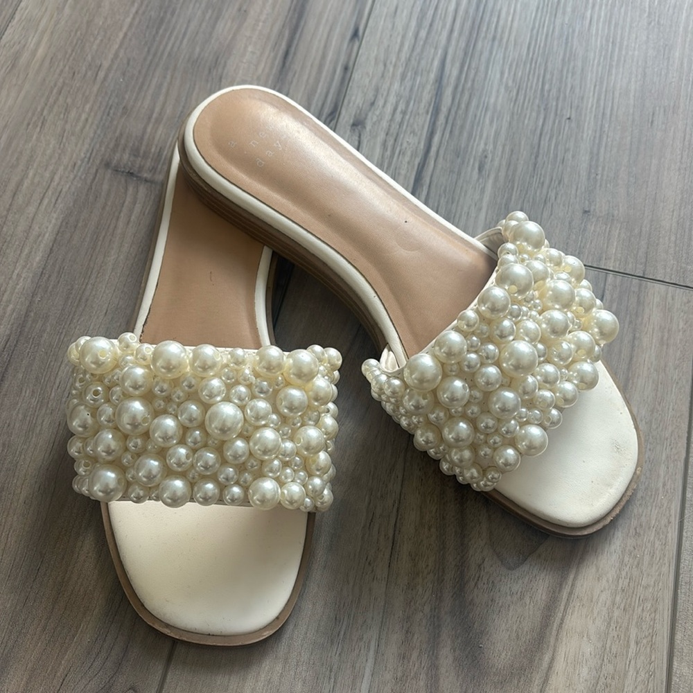 Pearl slip on sandals perfect for any bridal era!